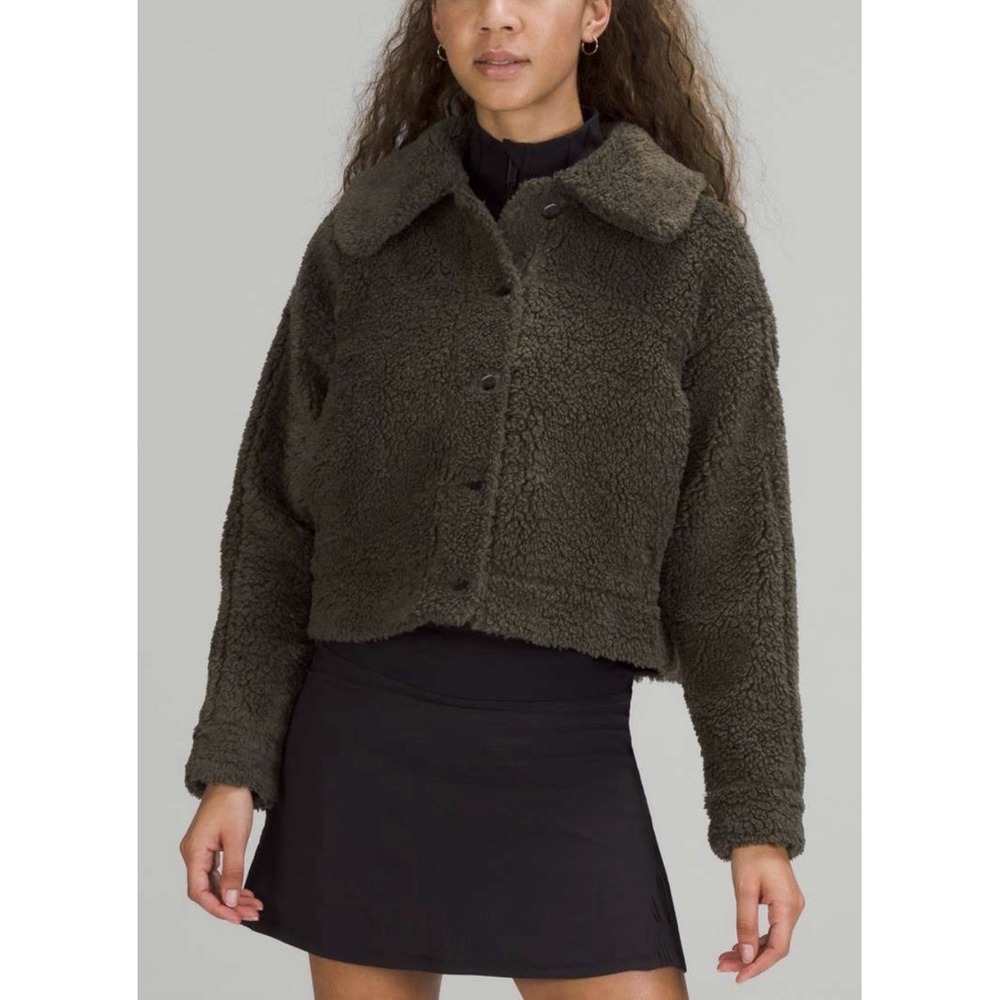Lululemon Textured Fleece Button Jacket 4 Dark Olive Green Gorpcore Athleisure